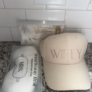 Elegant Beige 'Wifey' Cap Plus Hair Pins and Sleep Mask